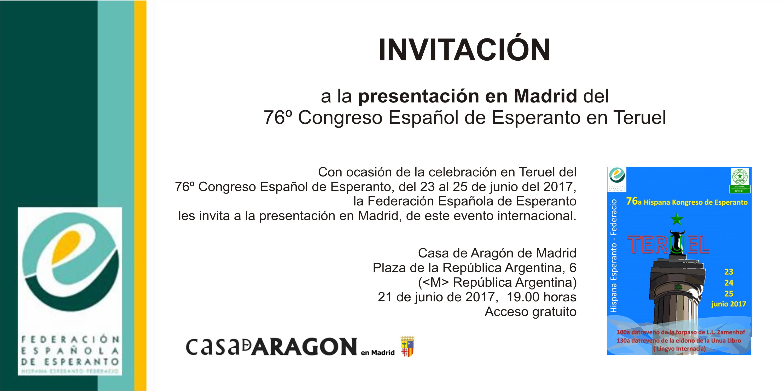 Invitación al acto en la Casa de Aragón